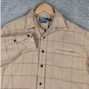Polo Ralph Lauren‎ Mens Lowell Sport Flannel Beige Plaid Long Sleeve Shirt Large